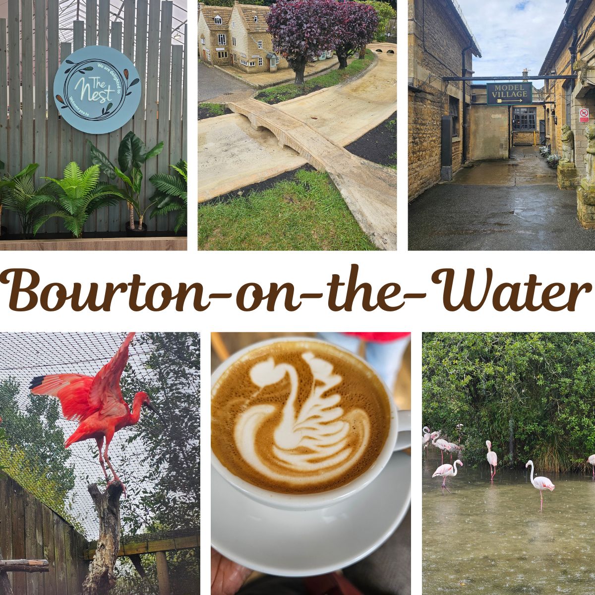 A collage showing Bourton-on-the-Water attractions: The Model Village and Birdland Park & Gardens and beautifully decorated coffee from a local cafe