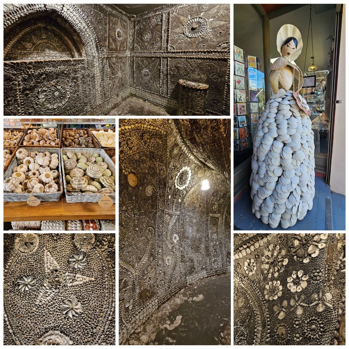 A collage of 6 photos from the Shell Grotto and the gift shop at Shell Grotto