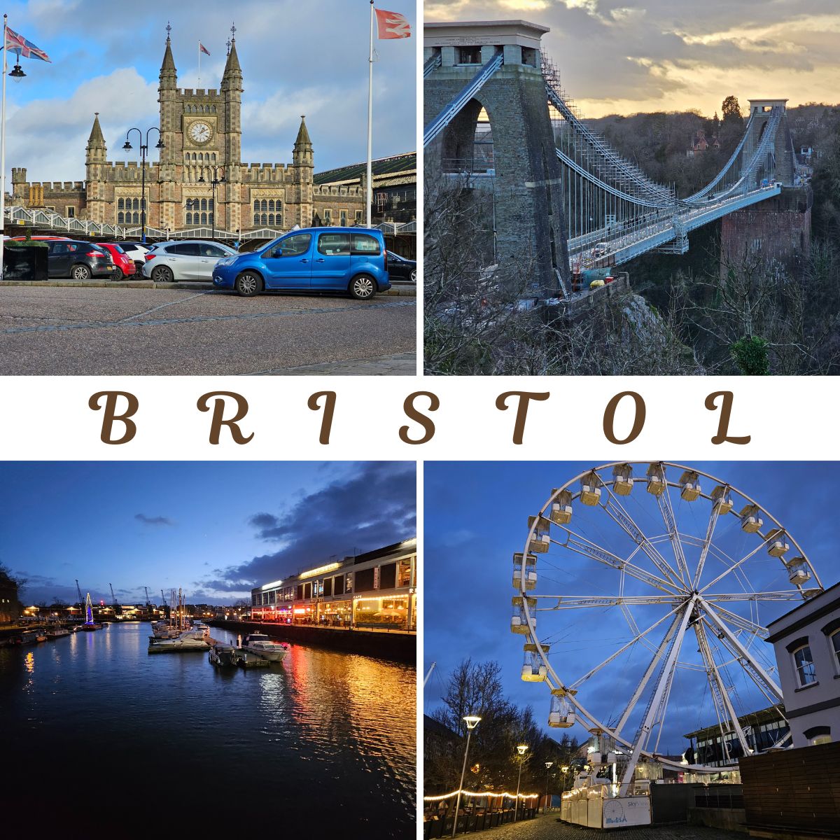 A collage showcasing the iconic Clifton Suspension Bridge spanning the Avon Gorge, the historic Temple Meads Station with its striking architecture, and Bristol's vibrant night views illuminated by city lights.