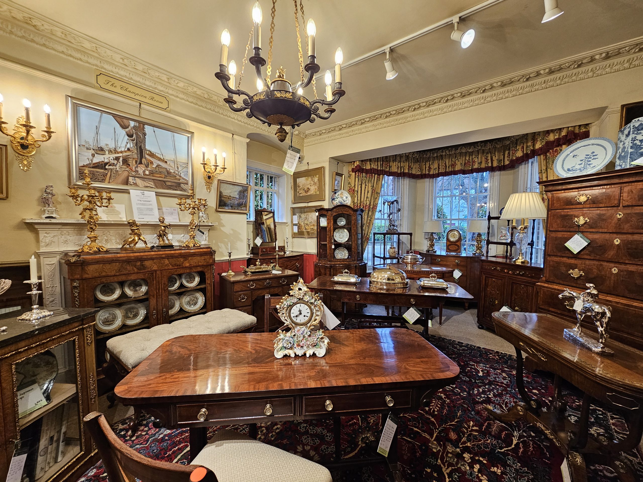 An impressive collection of vintage furniture at Great Grooms Antiques in Hungerford, showcasing timeless craftsmanship and unique designs