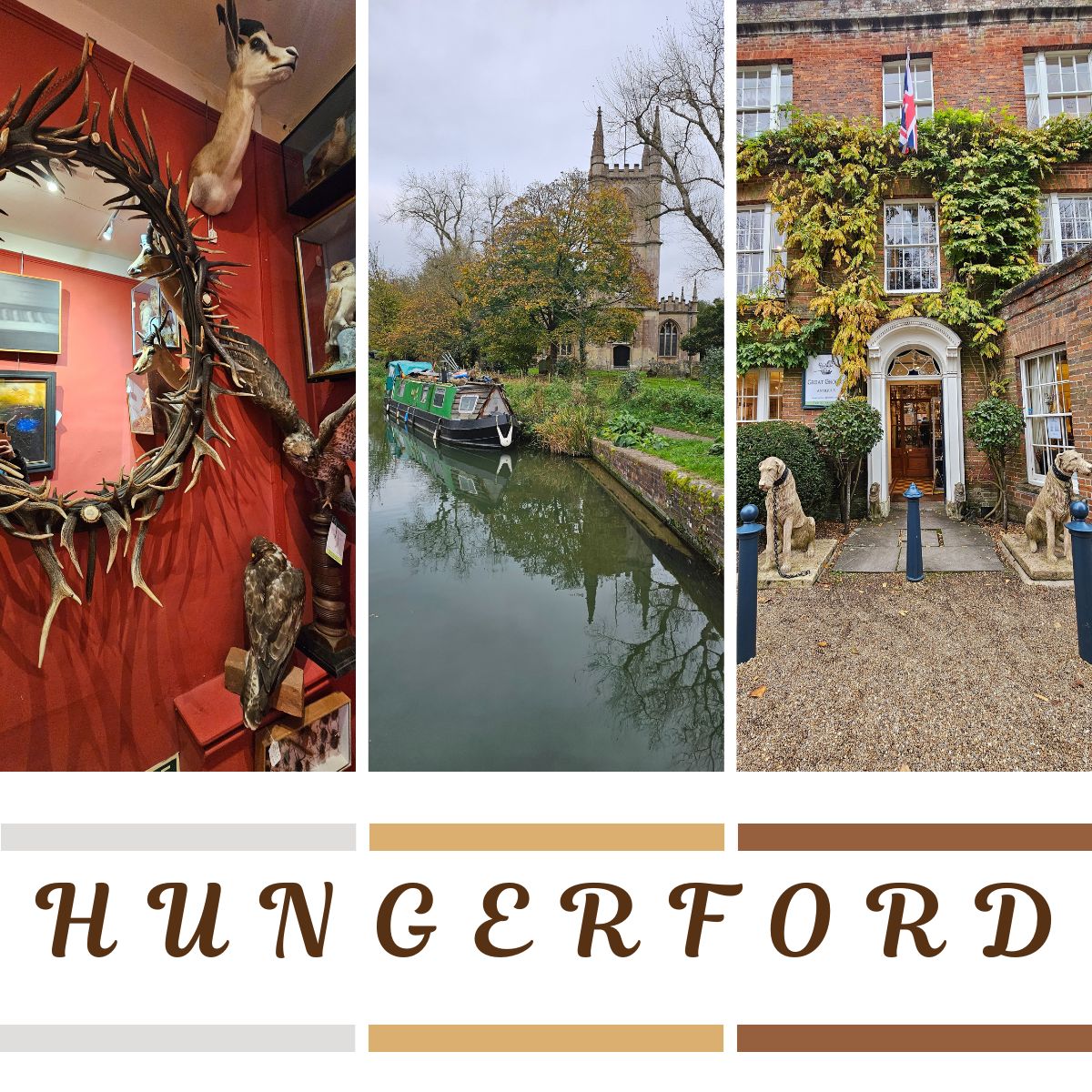 Collage showcasing the charm of Hungerford: scenic views along the Kennet and Avon Canal and vintage treasures from the town's antique shops.