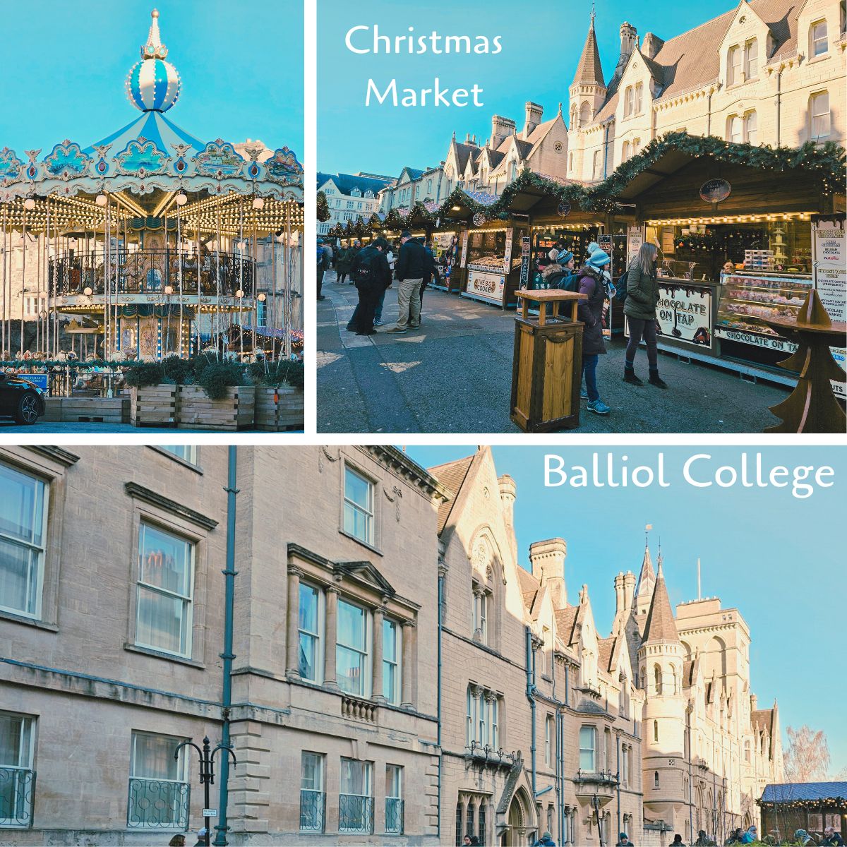 Balliol College at Oxford University, showcasing its historic architecture and beautiful stonework, with festive decorations and lights in the backdrop of a Christmas market.