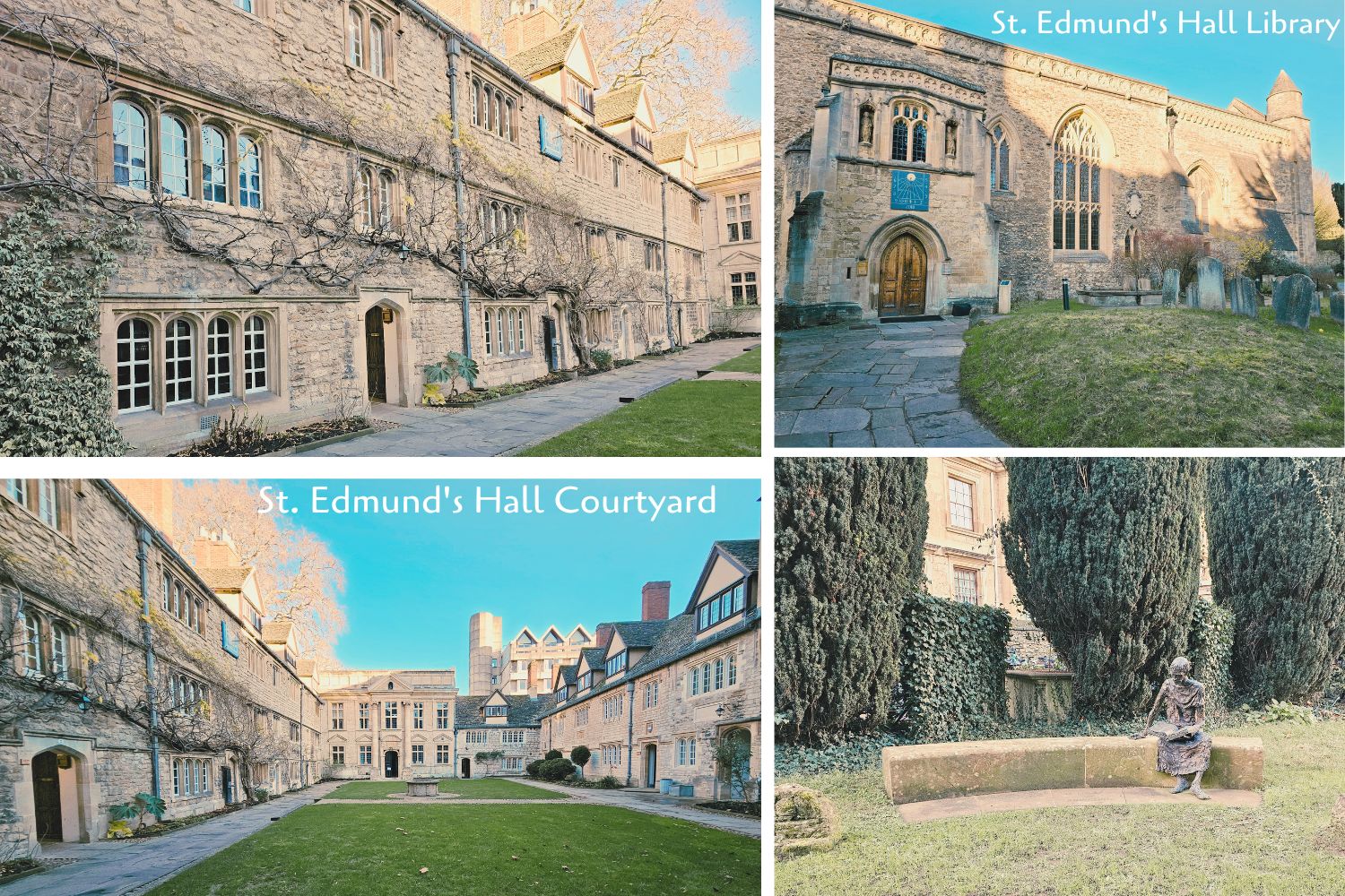Collage featuring St. Edmund Hall in Oxford, including its peaceful courtyard with vines climbing the stone walls, the library's elegant exterior, and a sculpture of a seated man engrossed in a book.