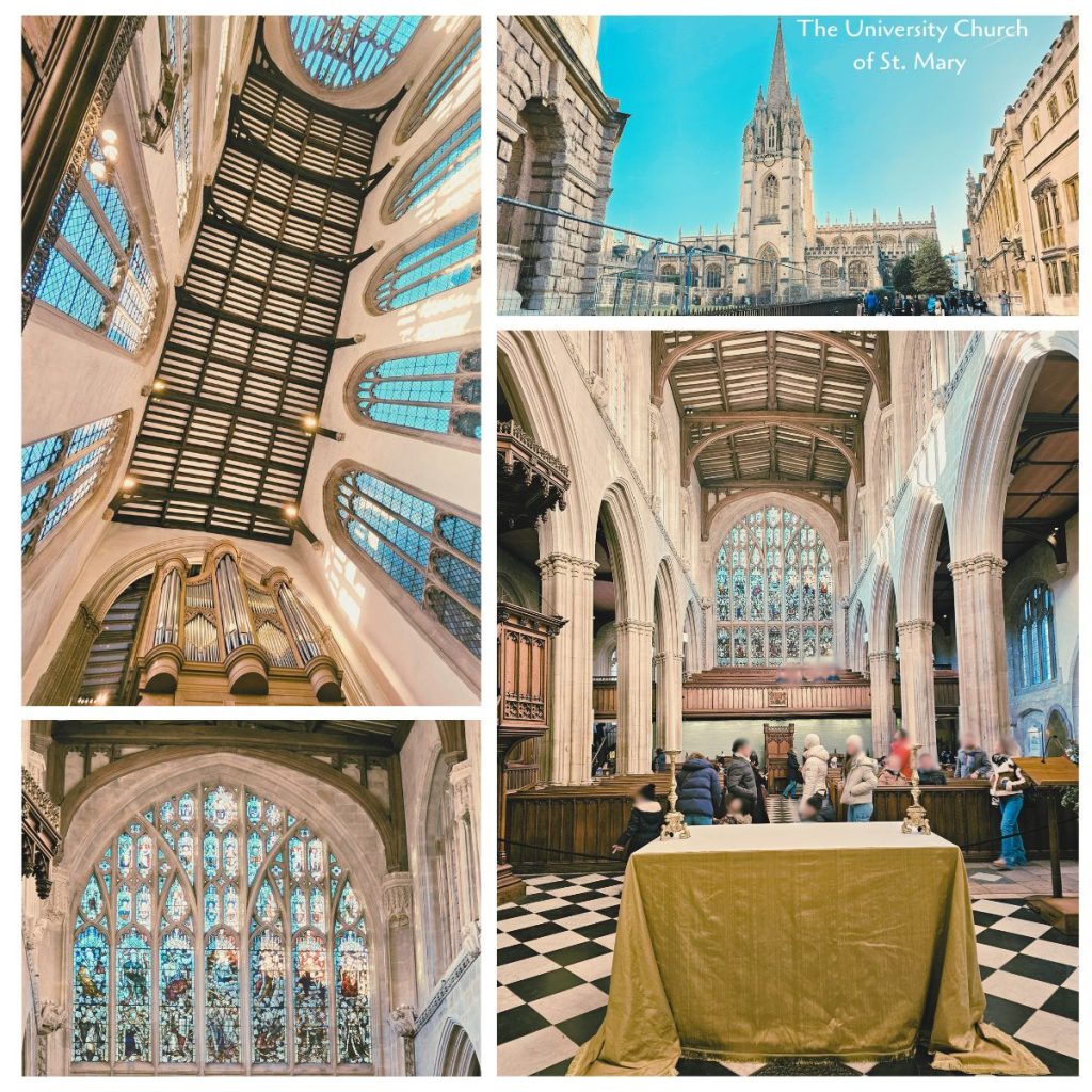 Collage showcasing The University Church of St. Mary in Oxford: its historic exterior, intricate wooden beams on the roof, beautiful stained glass windows, and a glimpse of the church's elegant interior design.