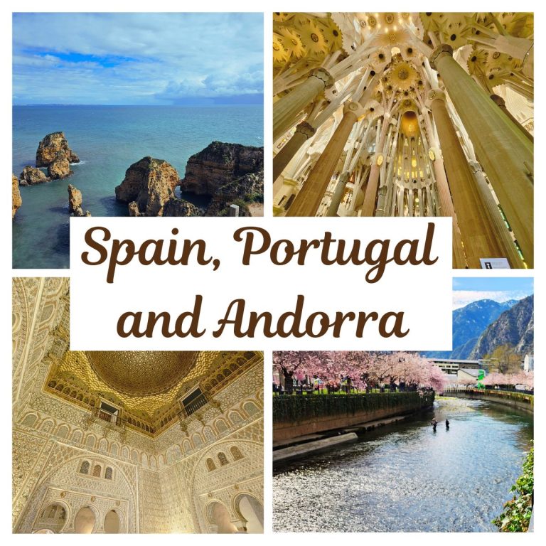 A collage showcasing Southern Europe: the rugged coastline near Lagos, Portugal, the iconic Sagrada Familia in Barcelona, a scenic view from Andorra, and the magnificent Alcázar of Seville in Spain.
