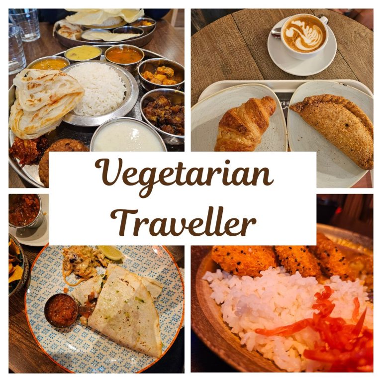 Collage of four vegetarian dishes: a traditional South Indian meal with rice, curry, and sides, a raspberry vegan croissant, a vegan pasty, a flavorful Japanese katsu curry, and a savory Mexican quesadilla.