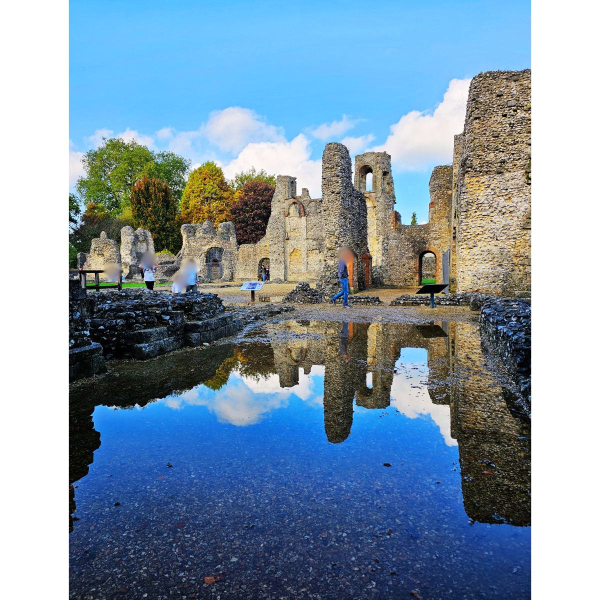 Wolvesey Castle ruins with a reflective pool of water, offering a glimpse of the past.