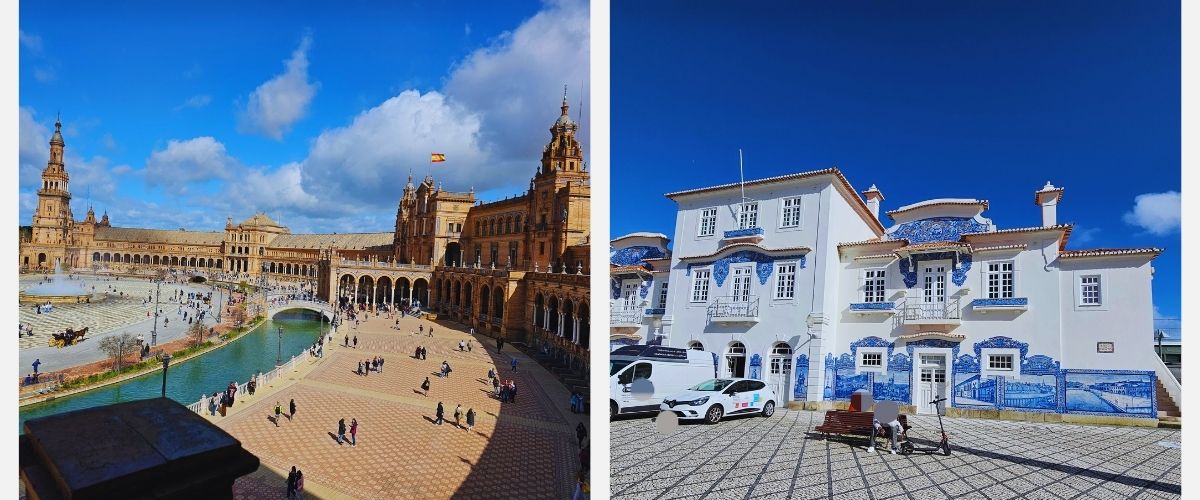 A side-by-side comparison of Spanish and Portuguese architecture. On the left, the expansive and grand Plaza de España in Seville, Spain, featuring wide plazas and stately towers. On the right, the intimate and detailed Aveiro train station in Portugal, decorated with traditional blue and white azulejo tiles and patterned geometric pavement.