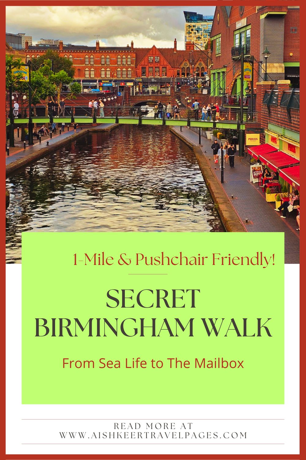 A scenic view of the Birmingham canal walk with red-brick buildings and narrowboats.