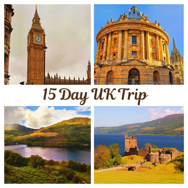 A collage of iconic UK travel destinations including Big Ben in London, Radcliffe Camera in Oxford, the lush green Scottish Highlands, and Urquhart Castle on the banks of Loch Ness.