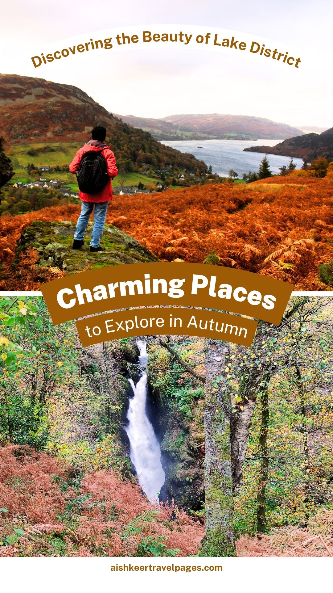 A vertical Pinterest Pin collage. The top image shows a panoramic view of Ullswater lake and a village, with a hiker in a red jacket standing in a field of orange autumn bracken. The bottom image shows a powerful waterfall cascading down a gorge surrounded by autumn trees. Text in the center reads: "Charming Places to Explore in Autumn." and at the very top: "Discovering the Beauty of Lake District." and at the very bottom: "aishkeertravelpages.com"